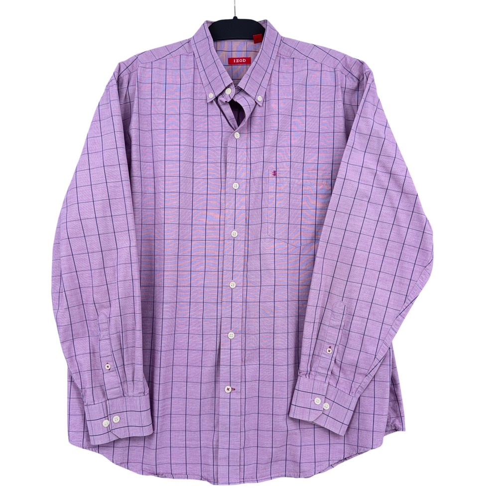 IZOD Button Down Shirt Mens XL 100% Cotton Purple Windowpane Check